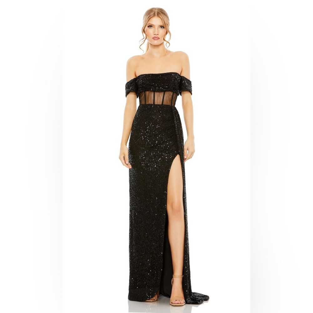 Mac Duggal Black Sequin Sheer Bodice Maxi Dress